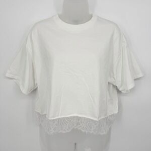 ATM Sz S White Lace-Hem Cropped Short Sleeve T Shirt 100% Cotton Crewneck Boxy